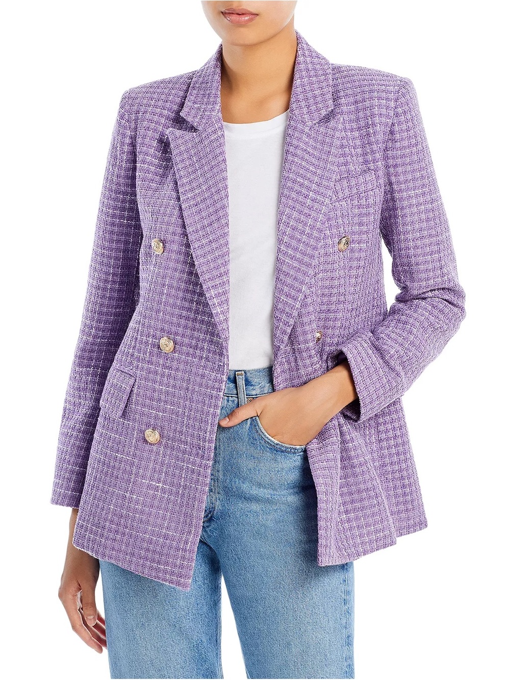 AQUA Purple Tweed Double Breasted Wool Blazer Gold Buttons Size S Preppy Classic